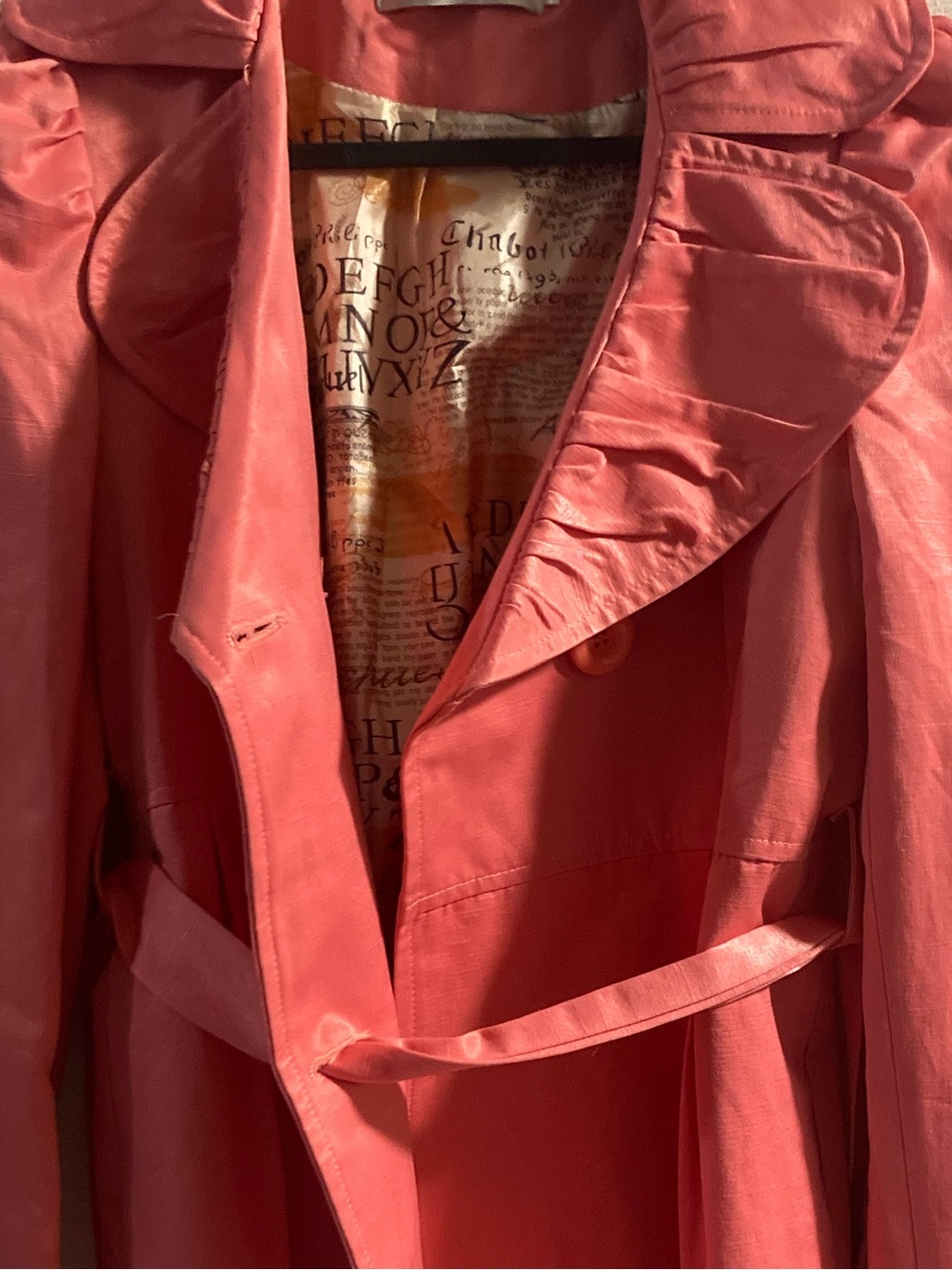 Abella Vintage Coral-Pink Ruffle Collar Trench Coat with Belt